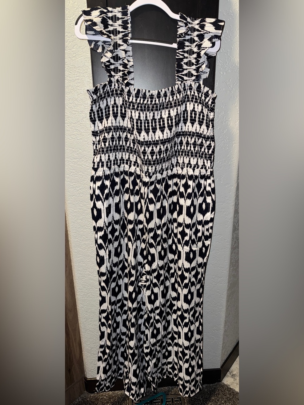 Black and White Smocked Waist Women's Jumpsuit